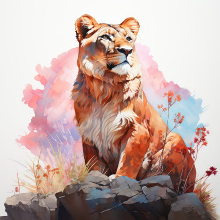 Digital painting of a lioness sitting on a rock in the wildの素材