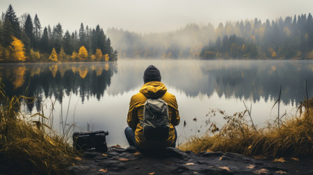 A man in a yellow jacket and a backpack sits on the shore of a mountain lake and looks into the distance.の素材