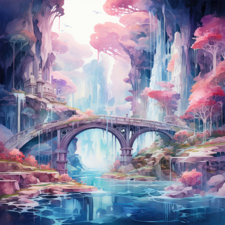 Fantasy landscape with a bridge over the river. Digital painting.の素材