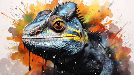 Digital painting of a chameleon with colorful splashes, illustrationの素材