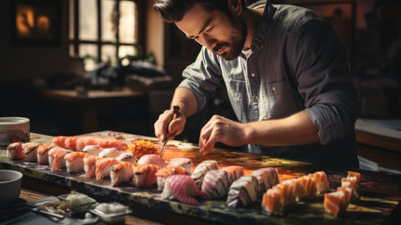 Handsome young man in a blue shirt is cutting sushi with a knife.の素材