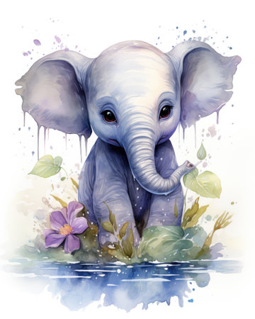 Watercolor illustration of a cute baby elephant with flowers and leaves.の素材