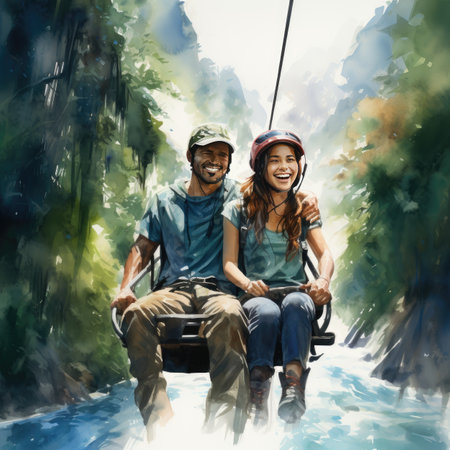 Young couple riding on a swing in the forest. Man and woman on a swing.の素材