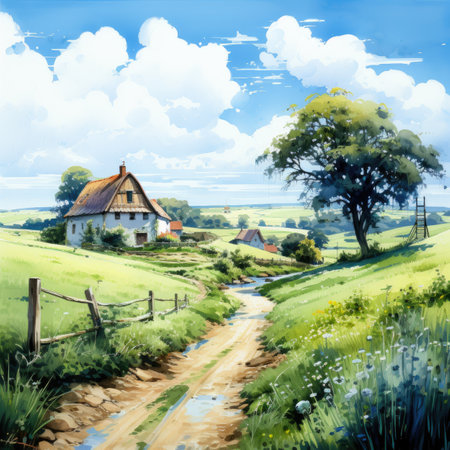 Rural landscape with farm house and blue sky. Digital painting.の素材
