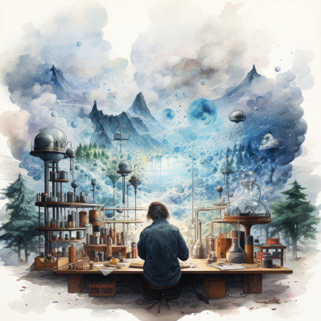 Digital painting of a man sitting at a table in front of a mountain landscape.の素材