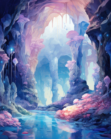 Fantasy landscape with cave and blue water. Digital art painting.の素材