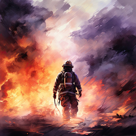 Firefighter in action against the backdrop of a burning forest. Illustrationの素材