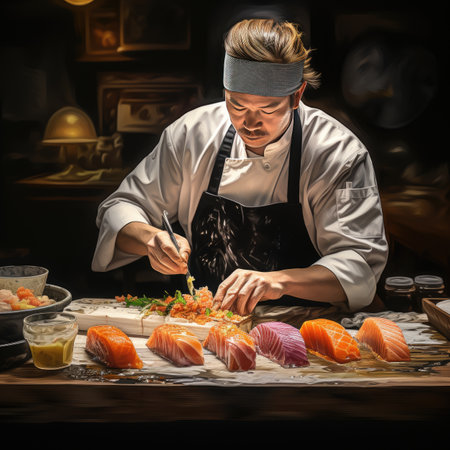 Japanese chef prepares sushi rolls in a restaurant kitchen. Dark background.の素材