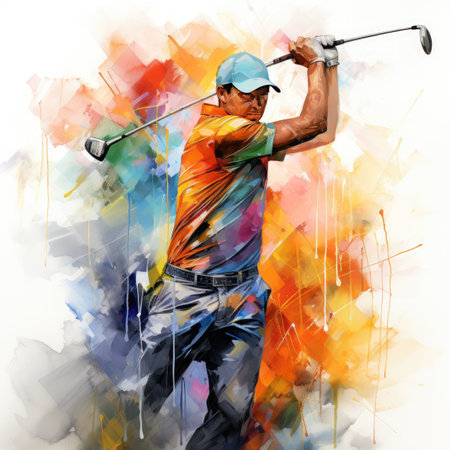 Golf player in action on a golf course. Digital watercolor painting.の素材