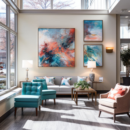 Interior of modern living room with blue sofa, coffee table and wall paintingsの素材
