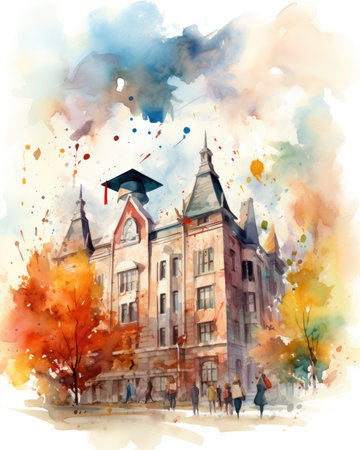Watercolor illustration of university building on a background of autumn leaves.の素材