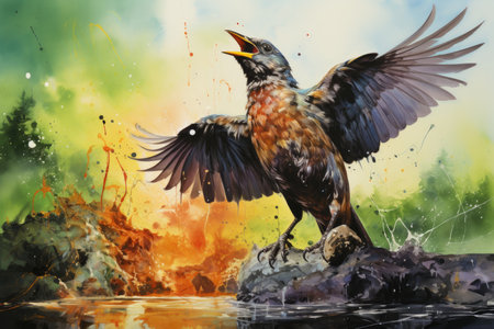 Blackbird on a rock in the river. Watercolor painting.の素材