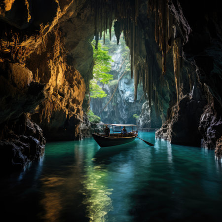 Beautiful view of karst cave with boat in thailandの素材