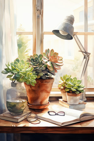 Cozy home interior with succulent plants, books and glasses on windowsillの素材
