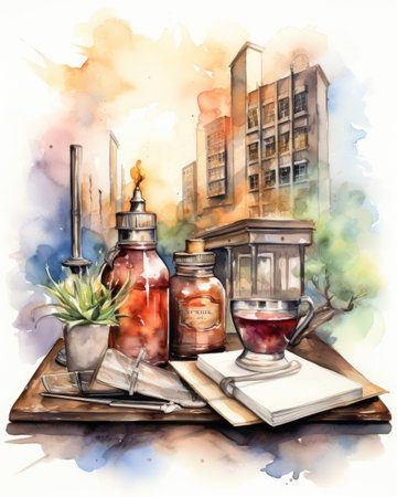 Watercolor illustration of a cafe in the city. Coffee cup, croissant, teapot.の素材