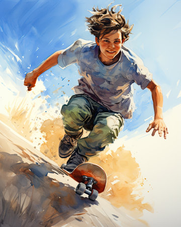 Skateboarder jumping with skateboard in the air. Digital watercolor painting.の素材