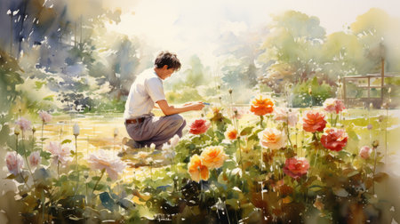 Young man watering flowers in the garden with watercolor painting effect.の素材