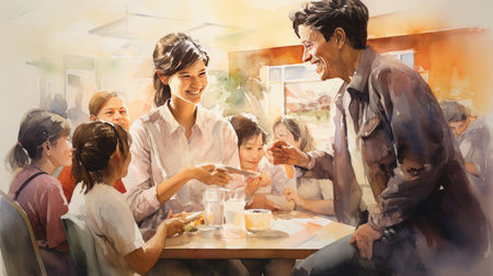 Portrait of happy family spending time together in cafe and using digital tabletの素材
