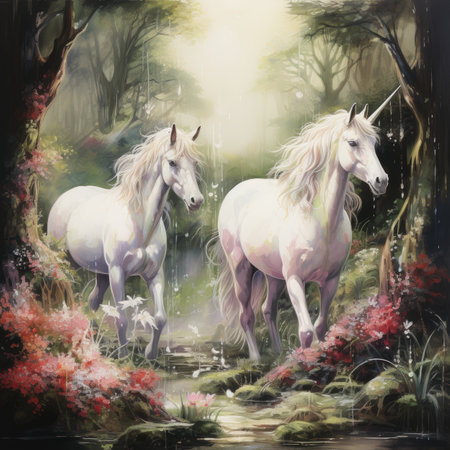 Watercolor painting of two white horses in the forest. Digital painting.の素材