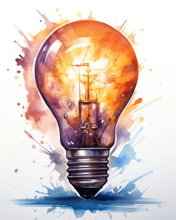 Illustration of a lightbulb with watercolor splashes.の素材