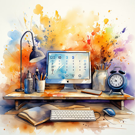 Desktop with computer, coffee cup, clock, stationery and colorful watercolor splashesの素材