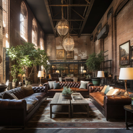 Interior of a loft-style living room with leather sofa and coffee tableの素材