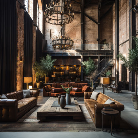 Interior of a loft living room with leather sofa and coffee tableの素材