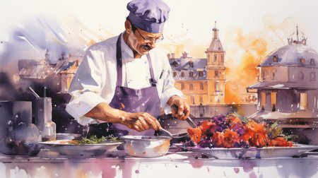 Chef cooking in the kitchen with color splashes. Concept of healthy food.の素材