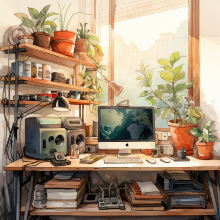 Working space with computer, books, stationery and plants. Digital painting.の素材