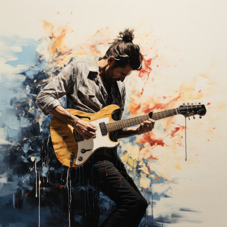 Rock guitarist playing the electric guitar on an abstract background. Modern style.の素材
