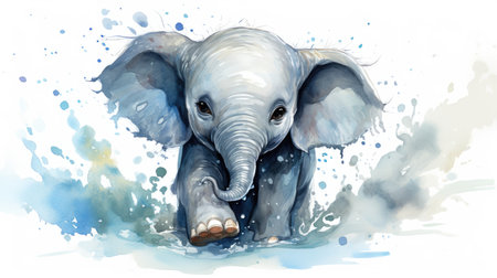 Watercolor illustration of an elephant with splashes on a white backgroundの素材