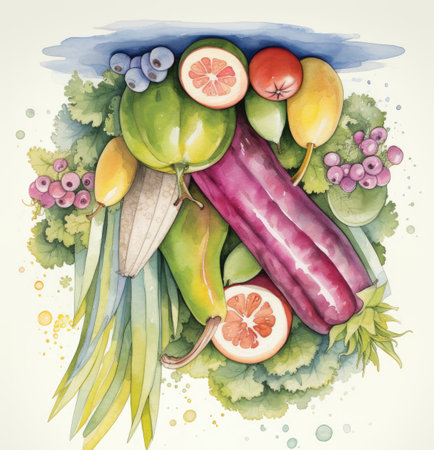 Fruits and vegetables. Watercolor illustration. Healthy food concept.の素材