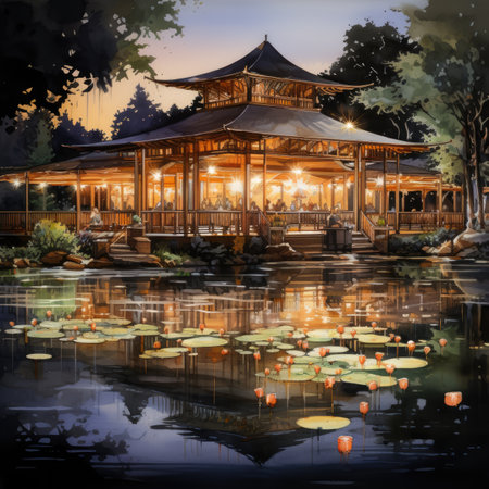 Illustration of a Chinese restaurant in the garden with reflection on waterの素材