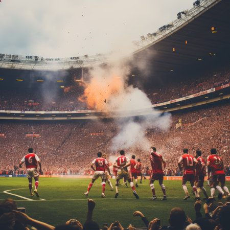 Football, soccer, sport, competition and people concept - group of soccer players with ball on stadiumの素材