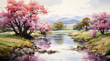 Beautiful spring landscape with cherry blossom trees and lake. Digital painting.の素材