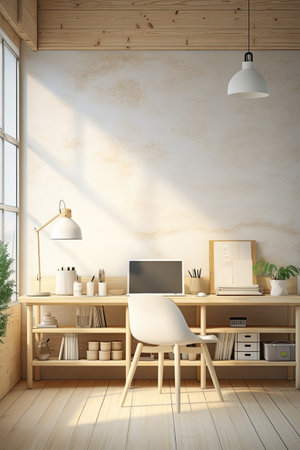 Interior of modern office with wooden walls, wooden floor, comfortable computer table with white chairs and bookcase. 3d renderingの素材