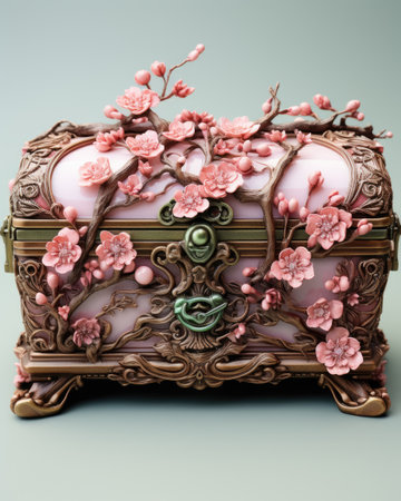 Beautiful antique chest with pink cherry blossom on a blue backgroundの素材