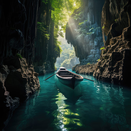 Longtail boat in the sea with light rays coming through the caveの素材