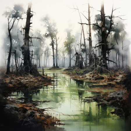 Digital painting of a swamp with dead trees and fog in the backgroundの素材