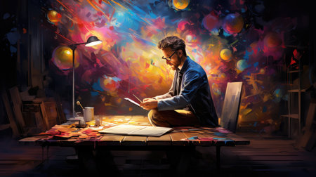 Young man sitting at desk and reading book in creative studio with colorful backgroundの素材