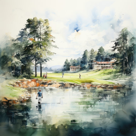 Watercolor painting of a man fishing in a lake on a sunny dayの素材