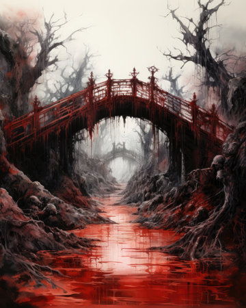 Halloween background with red bridge in the forest. Digital painting.の素材