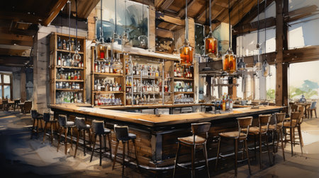 Modern bar interior design with wooden walls and wooden floor. 3d renderingの素材