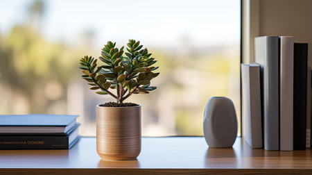 A small plant in a pot on a wooden table next to books.の素材