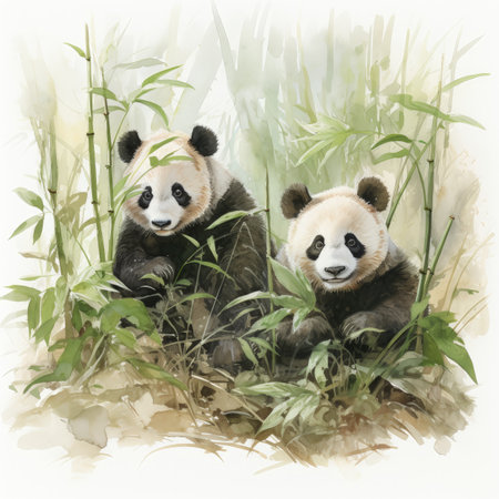 Two giant panda bear in bamboo forest, digital painting illustration.の素材