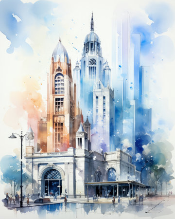 Watercolor illustration of the Church of Our Lady of Kazan in Kazan, Russiaの素材