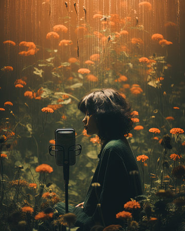 Beautiful woman singer with microphone on background of orange flowers in the fogの素材