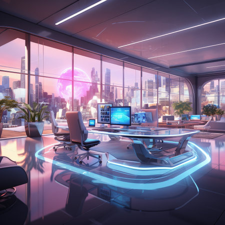 3d rendering of a modern office interior with city view and technology devicesの素材