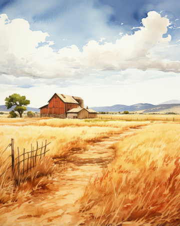 Rural landscape with old barn and wheat field. Vintage style.の素材