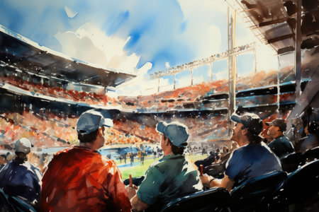 Digital painting of a fan sitting in the stands of a sports stadiumの素材